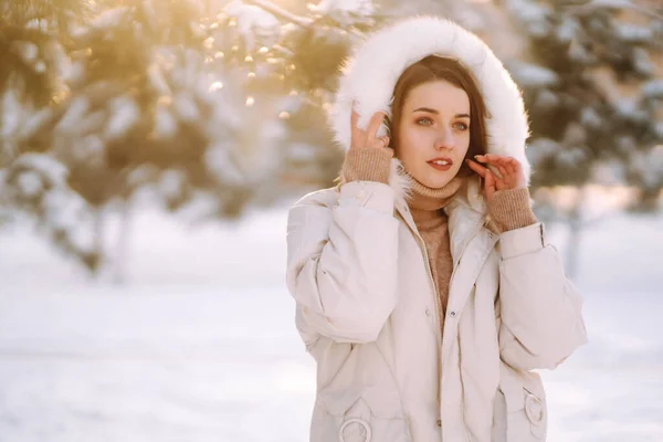 눈덮인 공원에서 아름다운 여성이 포즈를 취하고 있습니다 컨셉트 — 스톡 사진