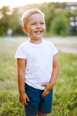 Küçük çocuk yaz parkında oynuyor. Tatlı çocuk bahar havasının tadını çıkarıyor. Çocukluk anı.