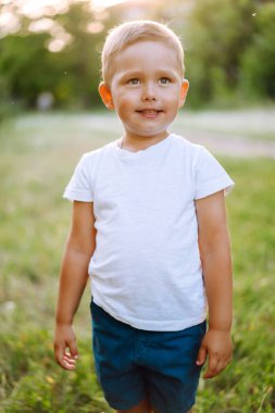 Küçük çocuk yaz parkında oynuyor. Tatlı çocuk bahar havasının tadını çıkarıyor. Çocukluk anı.