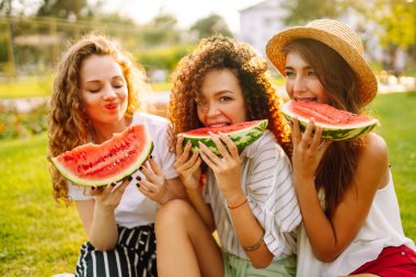 Üç genç parkta karpuz yerken eğleniyor. Genç arkadaşlar birlikte gülüyor ve tatilin tadını çıkarıyorlar. Arkadaşlık, gençlik ve seyahat kavramı.