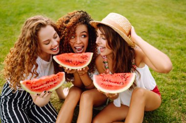 Üç genç parkta karpuz yerken eğleniyor. Genç arkadaşlar birlikte gülüyor ve tatilin tadını çıkarıyorlar. Arkadaşlık, gençlik ve seyahat kavramı.