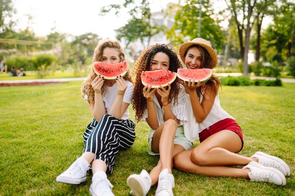 Três Jovens Divertindo Comendo Melancia Parque Jovens Amigos Rindo Desfrutando — Fotografia de Stock