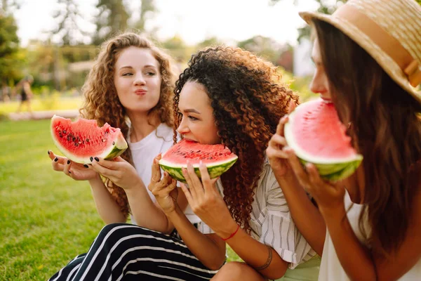 Três Jovens Divertindo Comendo Melancia Parque Jovens Amigos Rindo Desfrutando — Fotografia de Stock