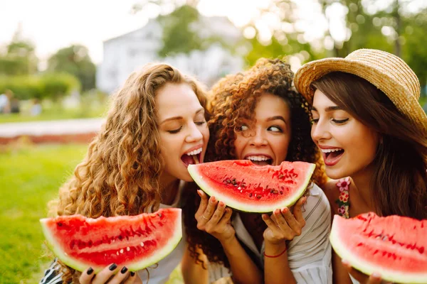 三个年轻人在公园里吃西瓜玩得很开心 年轻的朋友们一起欢笑 一起享受假期 青年和旅行概念 — 图库照片