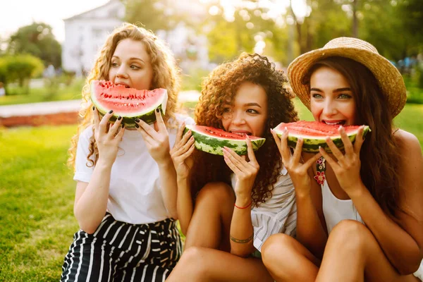 Três Jovens Divertindo Comendo Melancia Parque Jovens Amigos Rindo Desfrutando — Fotografia de Stock