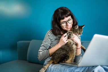 Dizüstü bilgisayarla çalışan genç bir kadın ve evde modern oturma odasında oturan bir kediyle. Kedisiyle vakit geçiren bir kadın. Eğitim çevrimiçi. Karantina karantinasında çalışıyor..