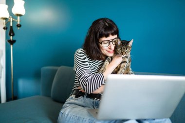 Dizüstü bilgisayarla çalışan genç bir kadın ve evde modern oturma odasında oturan bir kediyle. Kedisiyle vakit geçiren bir kadın. Eğitim çevrimiçi. Karantina karantinasında çalışıyor..