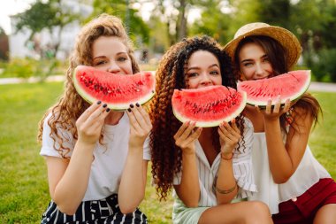 Üç genç kadın çimenlerde dinleniyor ve karpuz yiyor. İnsanlar, yaşam tarzı, seyahat, doğa ve tatil kavramı.
