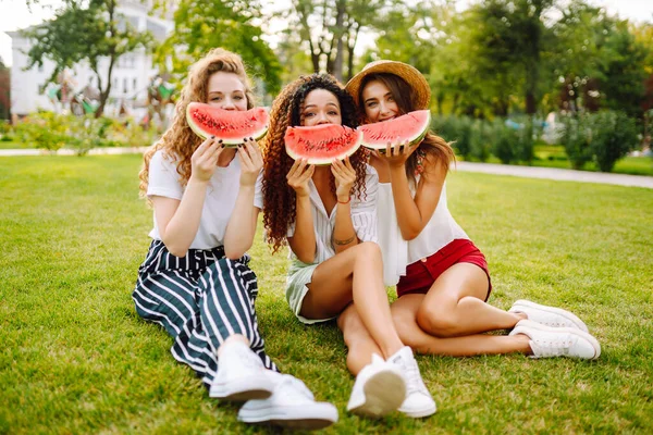 Três Jovens Relaxando Grama Comendo Melancia Pessoas Estilo Vida Viagens — Fotografia de Stock