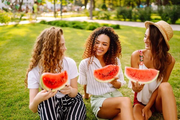 3人の若い女性が芝生の上でリラックスし スイカを食べる ライフスタイル 休暇の概念 — ストック写真