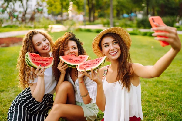 Drie Jonge Vrouwen Ontspannen Het Gras Eten Watermeloen Nemen Selfie — Stockfoto