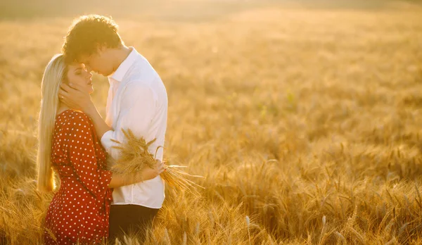 Coppia Amorevole Campo Grano Godo Tempo Insieme Concetto Gioventù Amore — Foto Stock