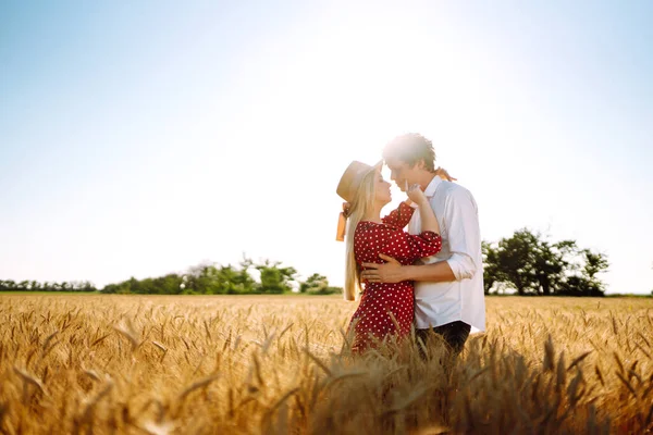 小麦畑でカップルを愛しています 楽しい時間を一緒に ライフスタイルの概念 — ストック写真