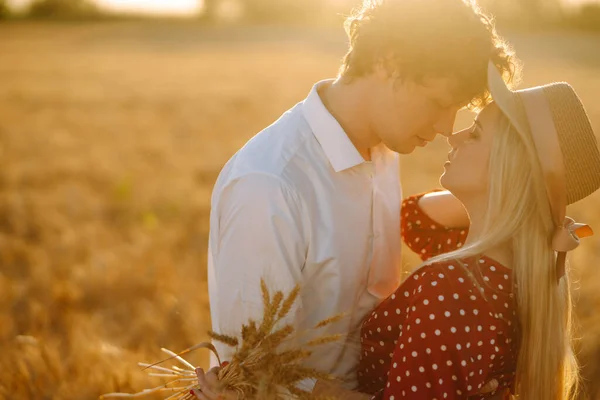 Retrato Una Joven Pareja Feliz Abrazándose Campo Atardecer Disfrutando Del —  Fotos de Stock