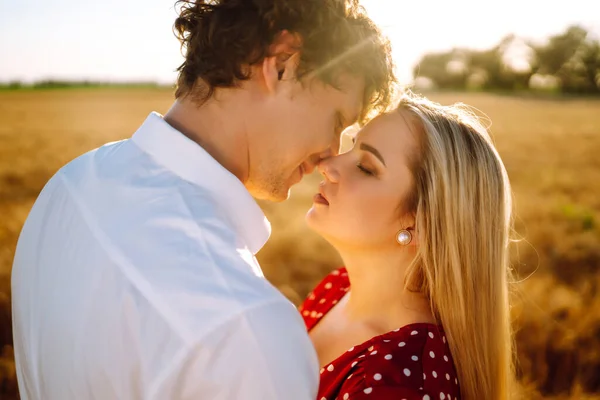 Potret Pasangan Muda Yang Bahagia Berpelukan Lapangan Saat Matahari Terbenam — Stok Foto