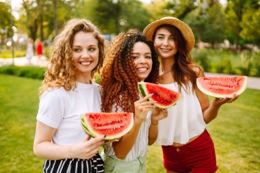 Neşeli mutlu arkadaşlar çimlerin üzerinde kamp yapar, karpuz yer, gülerler. Üç genç kadın birlikte tatilin tadını çıkarıyor. İnsanlar, yaşam tarzı, seyahat, doğa ve tatil kavramı.