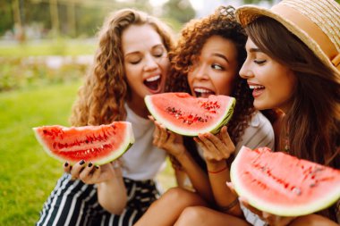 Neşeli mutlu arkadaşlar çimlerin üzerinde kamp yapar, karpuz yer, gülerler. Üç genç kadın birlikte tatilin tadını çıkarıyor. İnsanlar, yaşam tarzı, seyahat, doğa ve tatil kavramı.