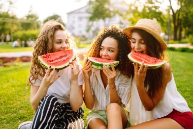 Parktaki üç genç kadın güneşli bir günde çimlerin üzerinde oturmuş karpuz yiyorlar. Bayan arkadaşlar tatilin tadını çıkarıyor ve dinleniyorlar. İnsanlar, yaşam tarzı, seyahat, doğa ve tatil