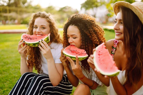 Trois Jeunes Femmes Dans Parc Assises Sur Herbe Dans Joie — Photo