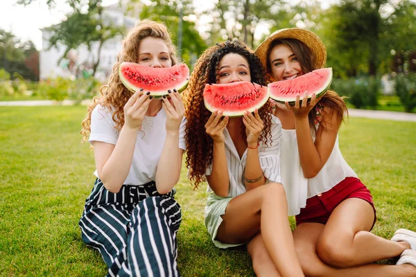 公園内の3人の若い女性が晴れた日に喜びに草の上に座ってスイカを食べています 女性の友人は一緒に休日をリラックスして楽しんでいます ライフスタイル — ストック写真