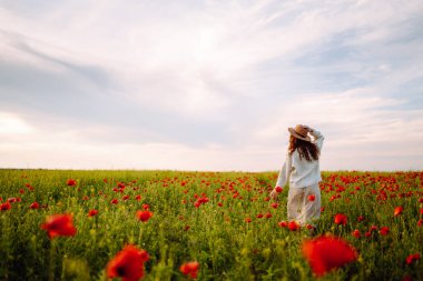 Arkadan bak. Şapkalı genç kıvırcık kadın haşhaş tarlasında poz veriyor. Doğa, tatil, rahatlama ve yaşam tarzı. Yaz manzarası.