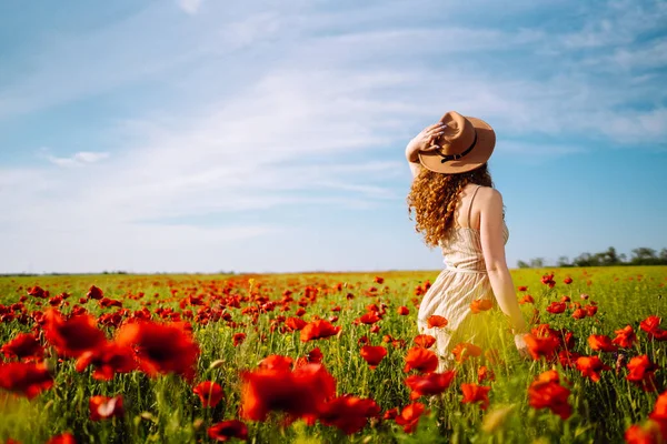 Bakåt Ung Lockig Kvinna Hatt Poserar Vallmofältet Natur Semester Avkoppling — Stockfoto