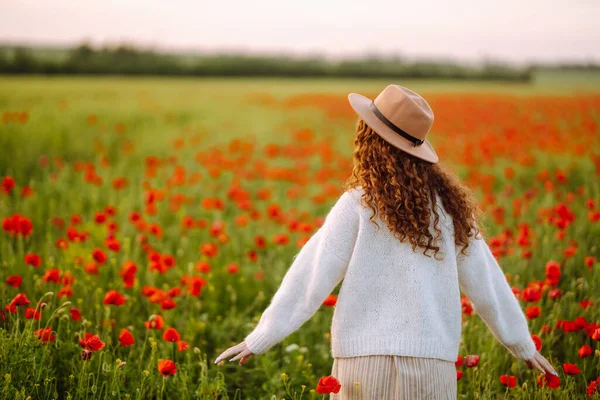 Bakåt Ung Lockig Kvinna Hatt Poserar Vallmofältet Natur Semester Avkoppling — Stockfoto