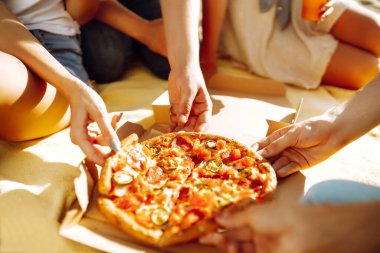 Elleri pizza dilimlerini yakından görüyor. Arkadaş grubu plajda pizza yiyor. Fast food konsepti. Sahilde piknik. Yaz tatili, tatiller, seyahat, yaşam tarzı ve insanlar konsepti.