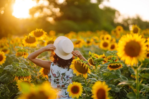 Wanita Muda Berpose Bidang Bunga Matahari Alam Liburan Liburan Santai — Stok Foto