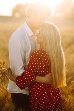 Genç mutlu çift gün batımında buğday tarlasında sarılıyor. Birlikte eğleniyoruz. Gençlik, aşk ve yaşam tarzı kavramı.