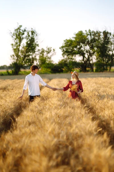 Young Happy Couple Hugging Wheat Field Sunset Enjoying Time Together — Zdjęcie stockowe