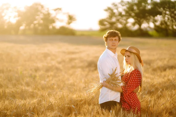 Молодая Счастливая Пара Обнимается Пшеничном Поле Закате Наслаждаемся Временем Вместе — стоковое фото