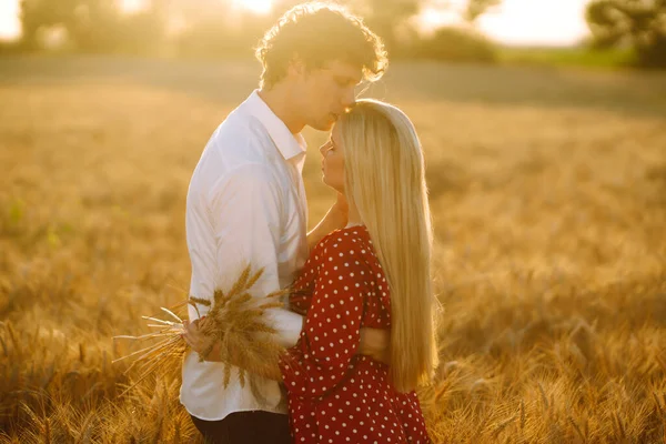 Jovem Casal Feliz Abraçando Campo Trigo Pôr Sol Aproveitar Tempo — Fotografia de Stock