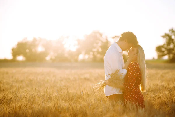 Jovem Casal Feliz Abraçando Campo Trigo Pôr Sol Aproveitar Tempo — Fotografia de Stock