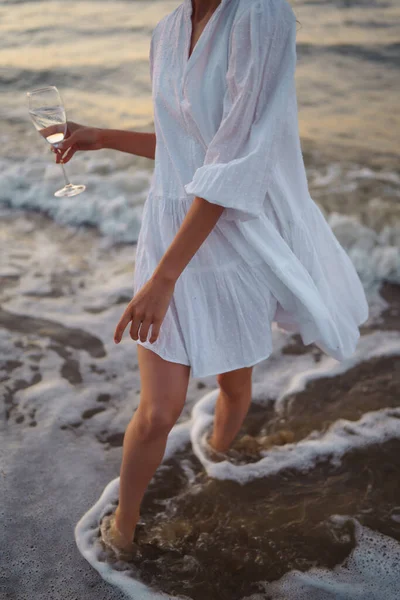 Young Happy Woman White Fluttering Dress Walks Seashore Girl Looks —  Fotos de Stock