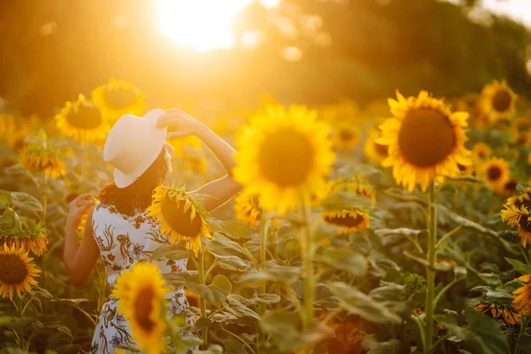 Jonge Vrouw Wandelend Door Het Veld Met Zonnebloemen Bij Zonsondergang — Stockfoto
