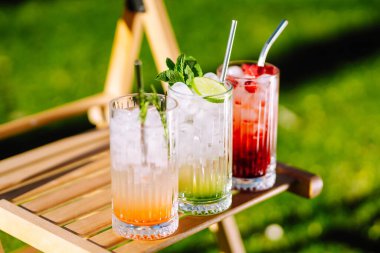 Limon, limon, meyve ve naneli buzlu alkollü ve alkolsüz yaz içecekleri. Yaz tatili tropikal konsepti.