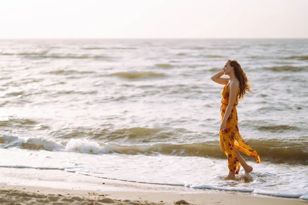 Young Happy Woman Walks Seashore Travel Weekend Relax Lifestyle Concept —  Fotos de Stock