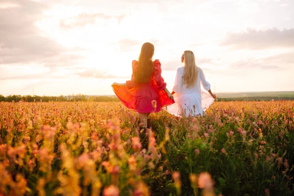 在盛开的田野里 两个金发碧眼的女孩穿着时髦时髦的衣服 放松和生活方式 时尚概念 — 图库照片