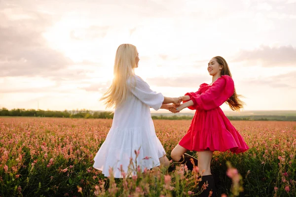 Portrait Two Fair Haired Girls Fashionable Stylish Dresses Blooming Field — Photo