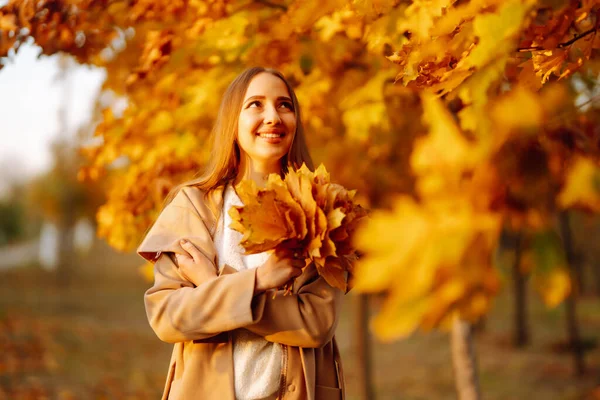 Jovem Parque Dia Ensolarado Outono Sorrindo Divertindo Com Folhas Moda — Fotografia de Stock