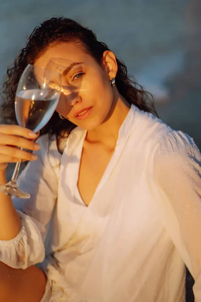 Beautiful Model Elegant White Dress Sunset Glass Wine Girl Looks Stock Image