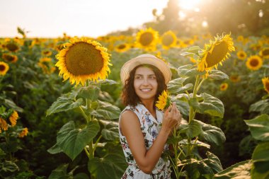 Gün batımında elinde ayçiçekleriyle tarlada gezinen güzel bir kadın. Kırsal ve mutlu bir hayat. Doğa, rahatla ve yaşam tarzı.