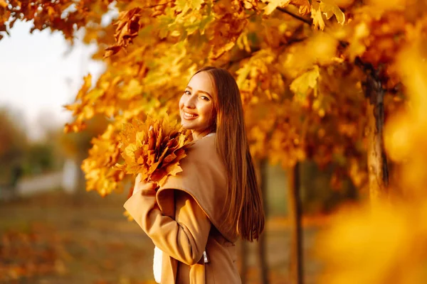 Young Woman Having Fun Throwing Leaves Autumn City Park Lifestyle — Zdjęcie stockowe