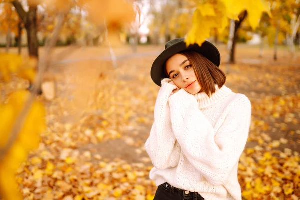 스웨터를 모자를 여성이 공원을 스타일 — 스톡 사진