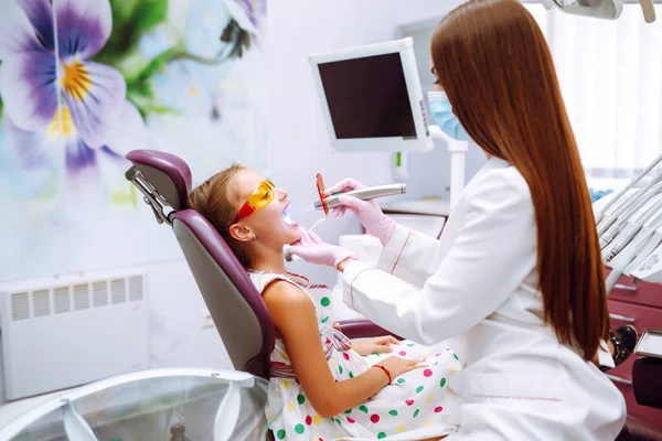 Little Girl Dentist Appointment Inspection Oral Cavity Teeth Child Early — Stock Fotó