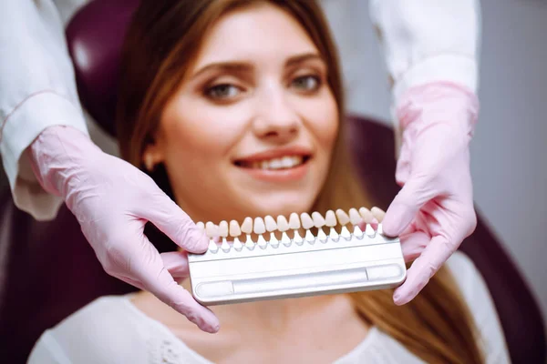 Matching Shades Implants Process Teeth Whitening Beautiful European Woman Smile — Stock fotografie