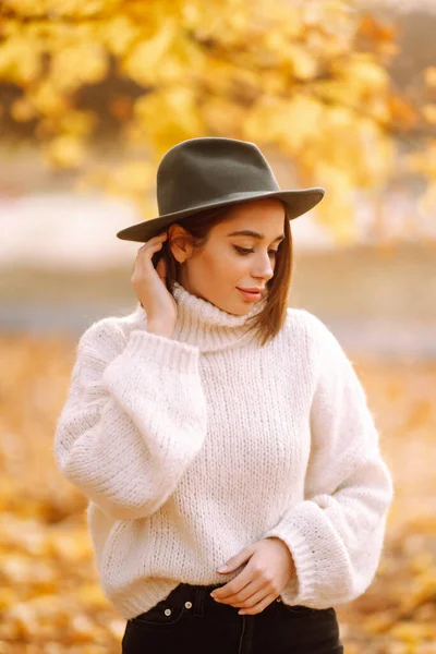 Mulher Elegante Desfrutando Clima Outono Parque Moda Conceito Estilo — Fotografia de Stock