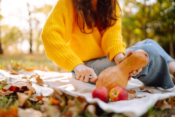 Podzimní Piknik Dýní Mladá Žena Žlutém Svetru Džínách Odpočívajících Přírodě — Stock fotografie