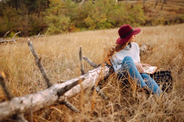 Mulher Jovem Senta Uma Planície Parque Outono Com Livro Piquenique — Fotografia de Stock